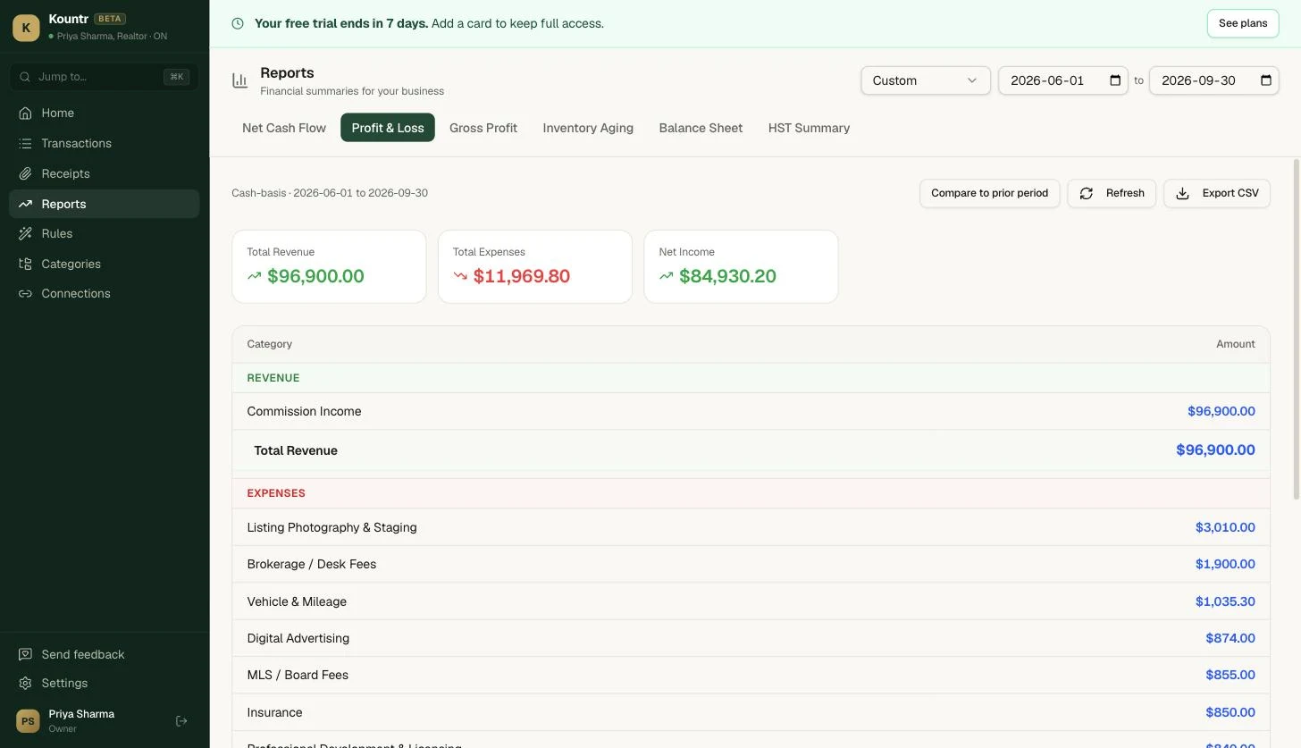 Kountr Profit and Loss report showing total revenue, total expenses, and net income for a self-employed business