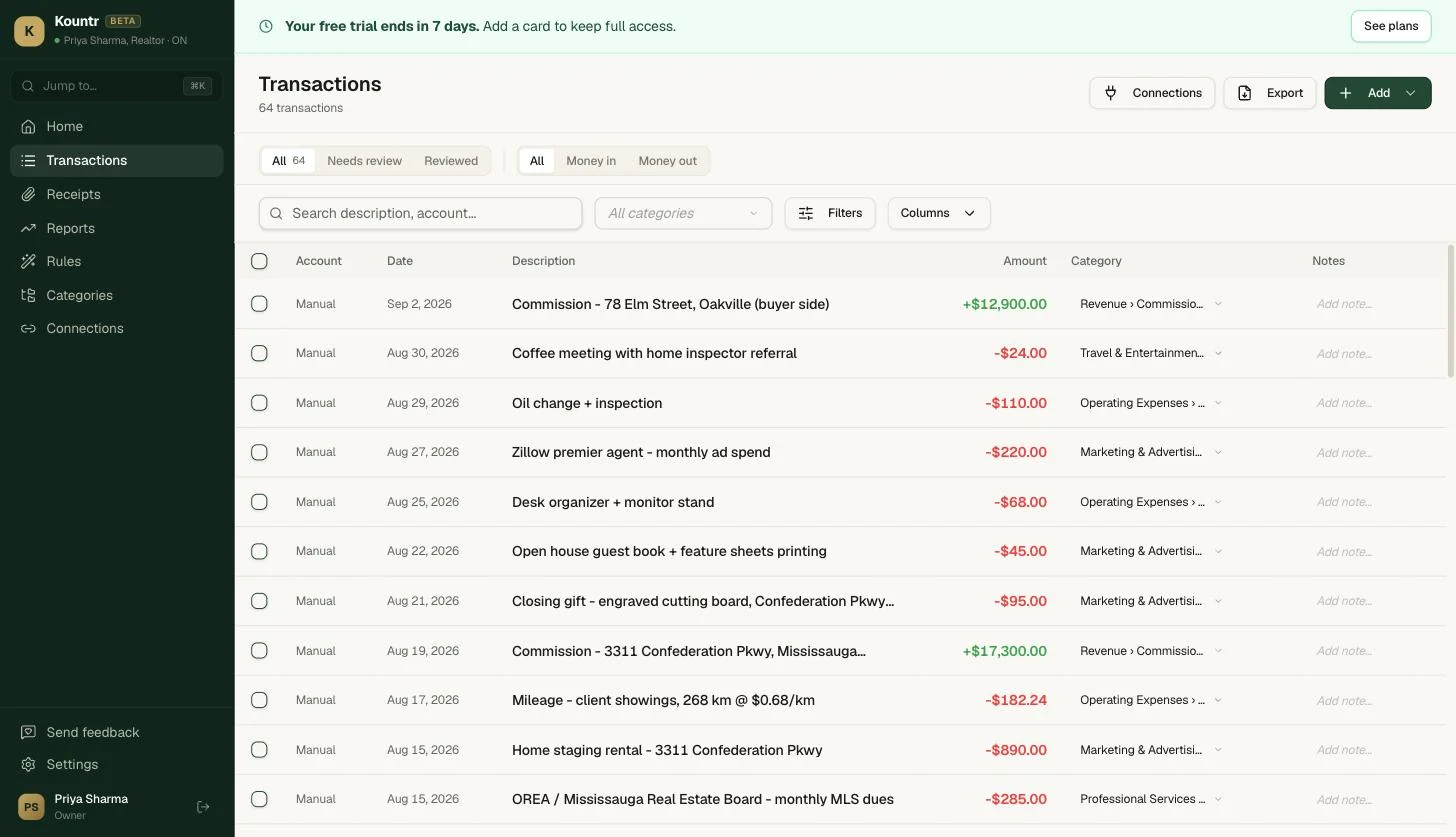 Kountr transactions list with each freelancer expense auto-categorized against a chart of accounts